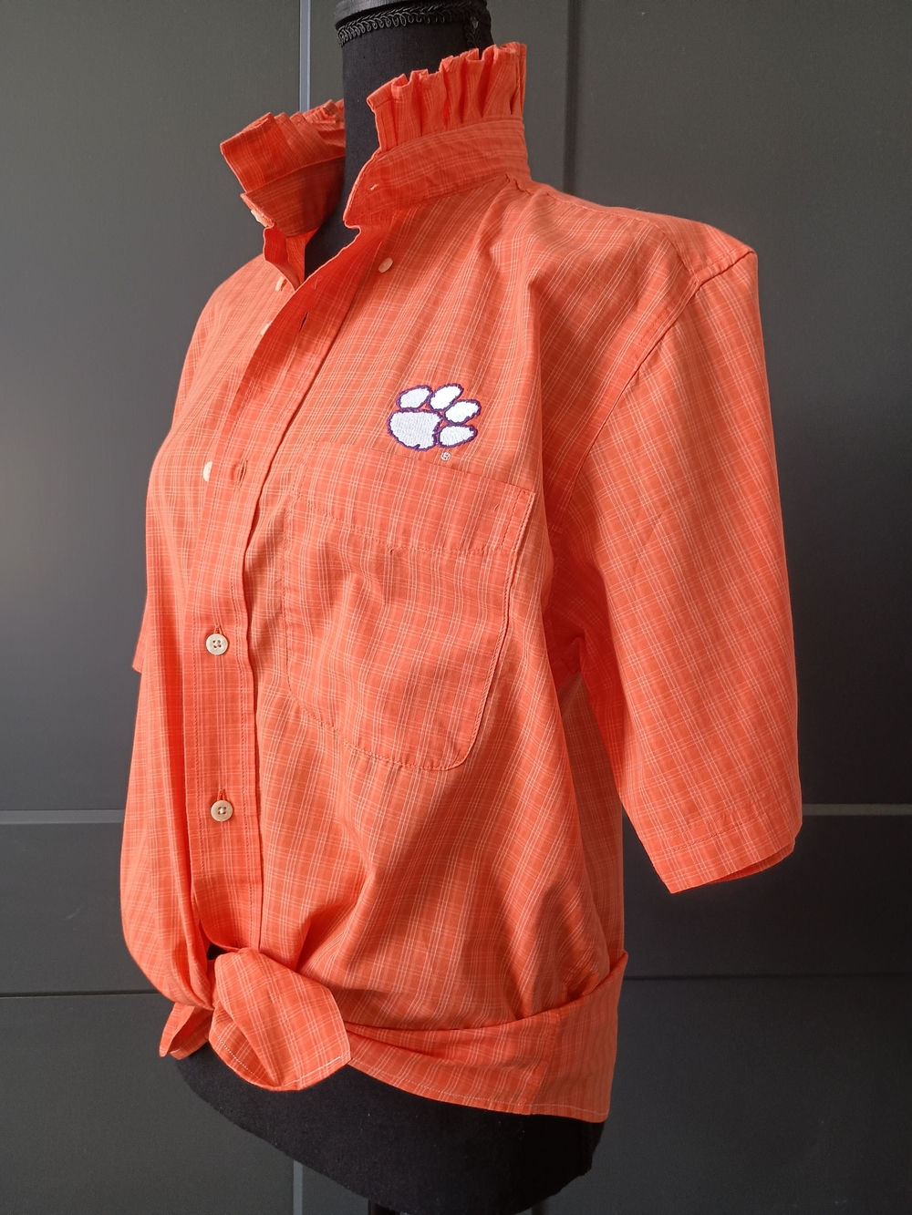 Upcycled Women's Clemson Ruffle Collar Shirt #101